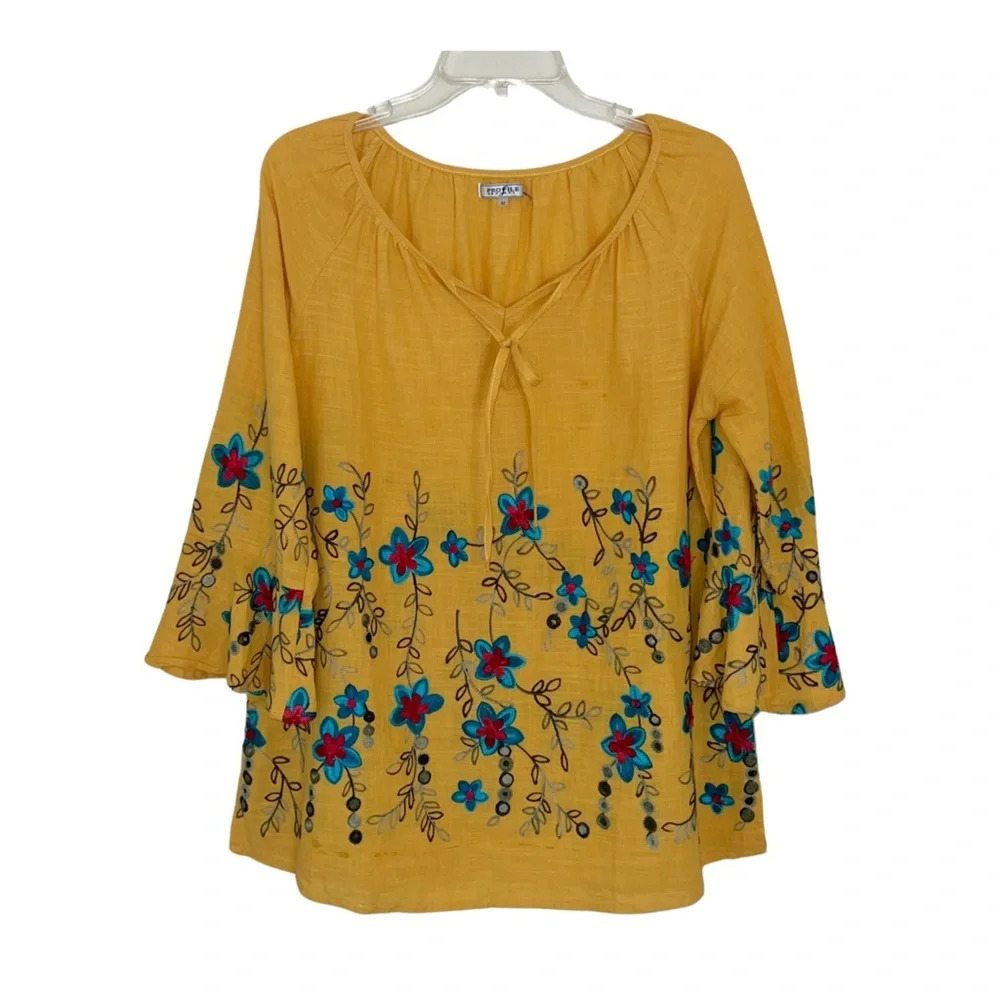Boho Floral Embroidered Mustard Yellow Top Festival Novelty Stunning Medium‎